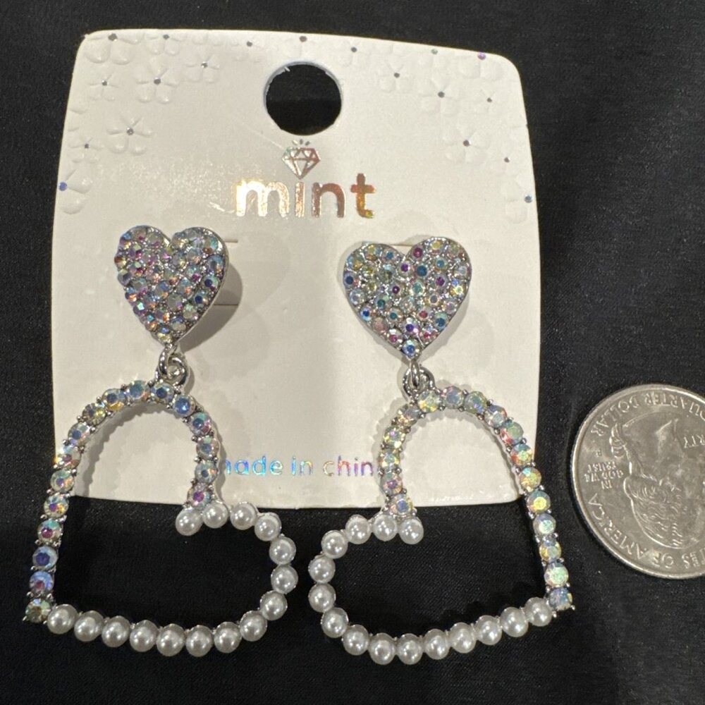 Mint Iridescent Crystal & Pearl Heart Drop Earrings